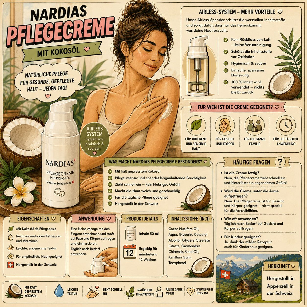 Pflegecreme mit Kokosöl für Gesicht und Haut | NARDIAS | Airless 50ml