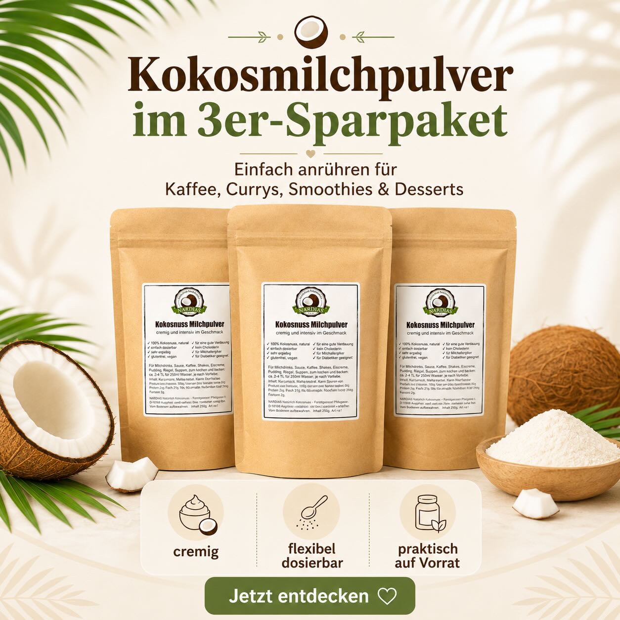 Veganes Kokosmilchpulver | NARDIAS 3er Sparpaket