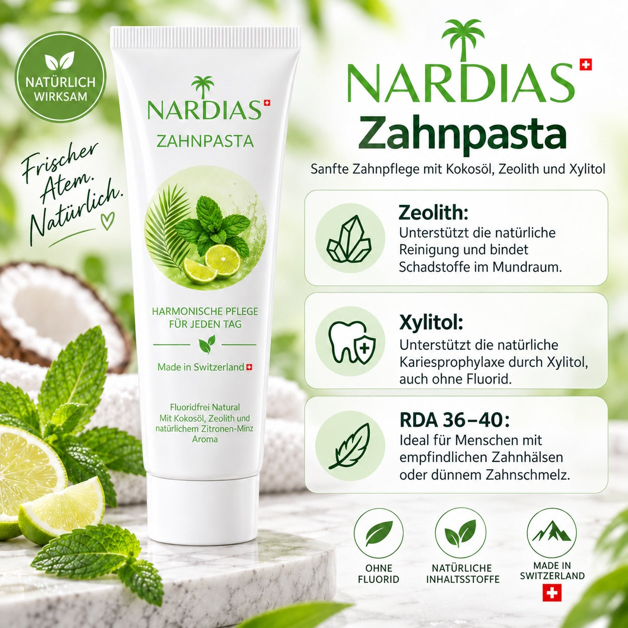 NARDIAS Zahnpasta No1 – fluoridfreie Zahnpasta mit Kokosöl und Zeolith aus der Schweiz