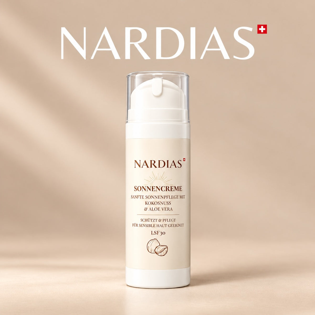 Kokos Sonnencreme LSF 30 mit Kokosöl ohne weissen Film | NARDIAS Airless Dispenser