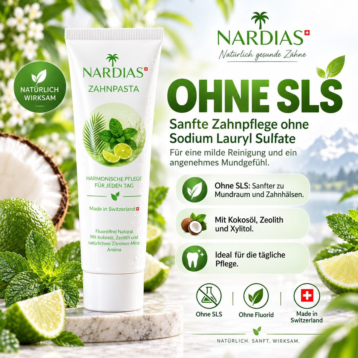 NARDIAS Zahnpasta No1 – fluoridfreie Zahnpasta mit Kokosöl und Zeolith aus der Schweiz